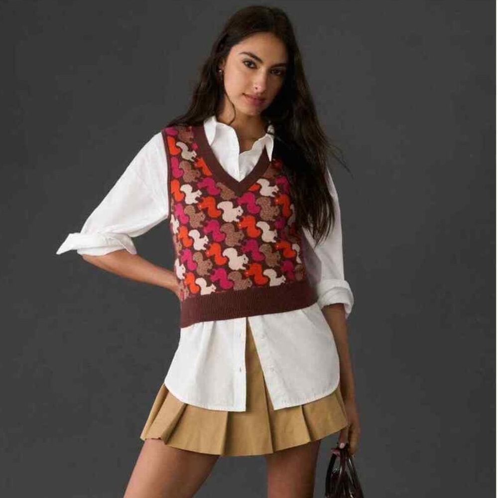 Anthropologie Maeve Jacquard Sweater Vest Squirrel